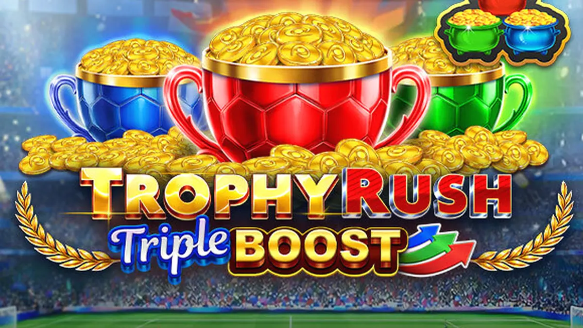 Tampilan visual slot Trophy Rush Triple Boost dengan tema stadion